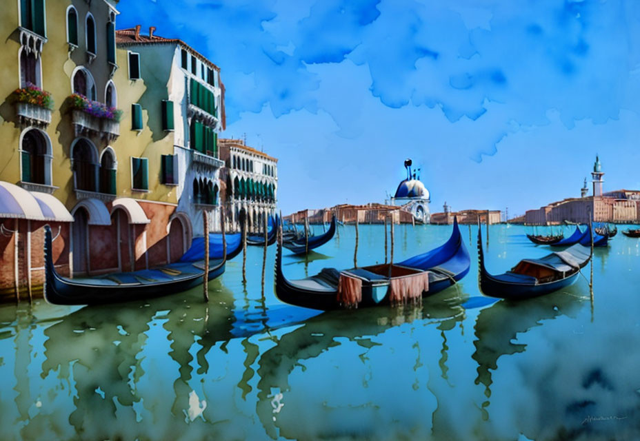 Venice landscape with gondolas, colorful buildings, and reflections