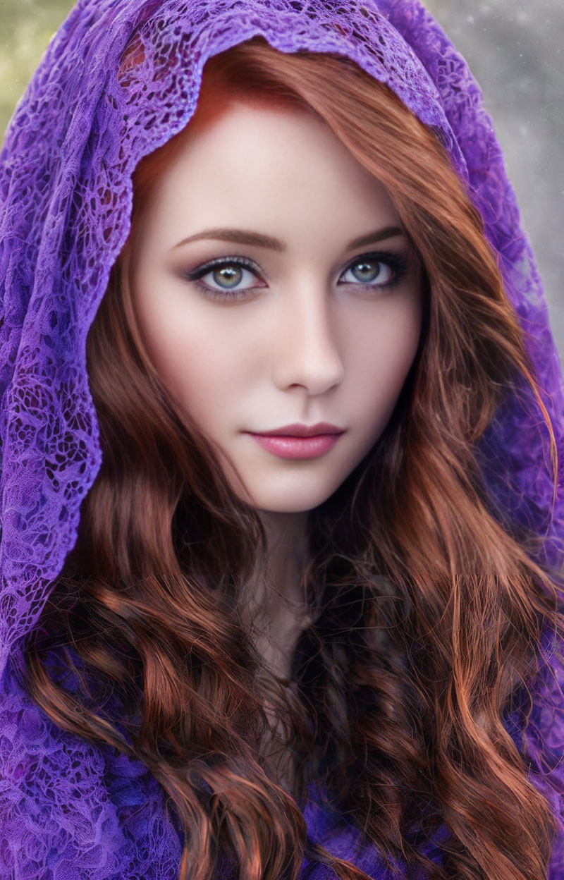 Woman with long auburn hair and blue eyes in purple lace hood gazes serenely.