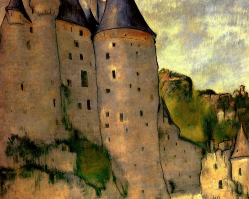 Medieval castle painting with round towers and dynamic sky