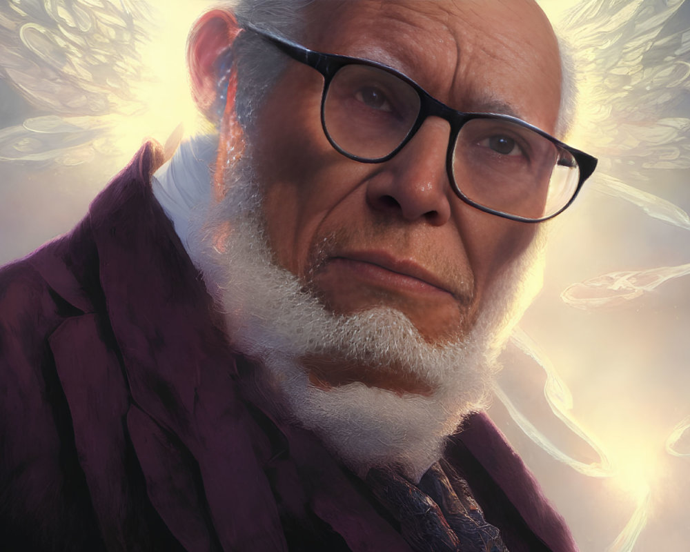 Elderly Man with Glasses and Purple Coat Surrounded by Glowing Ethereal Jellyfish Shapes