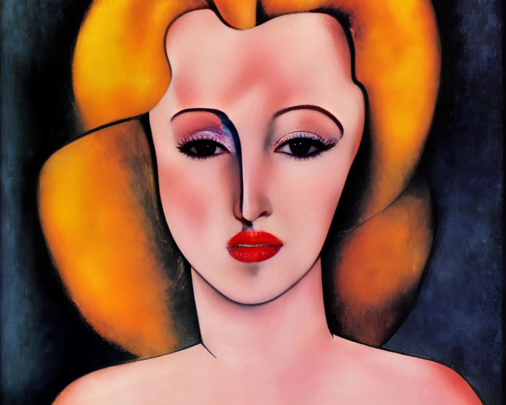 Portrait of woman with red lips, pale skin, yellow hair, dark backdrop