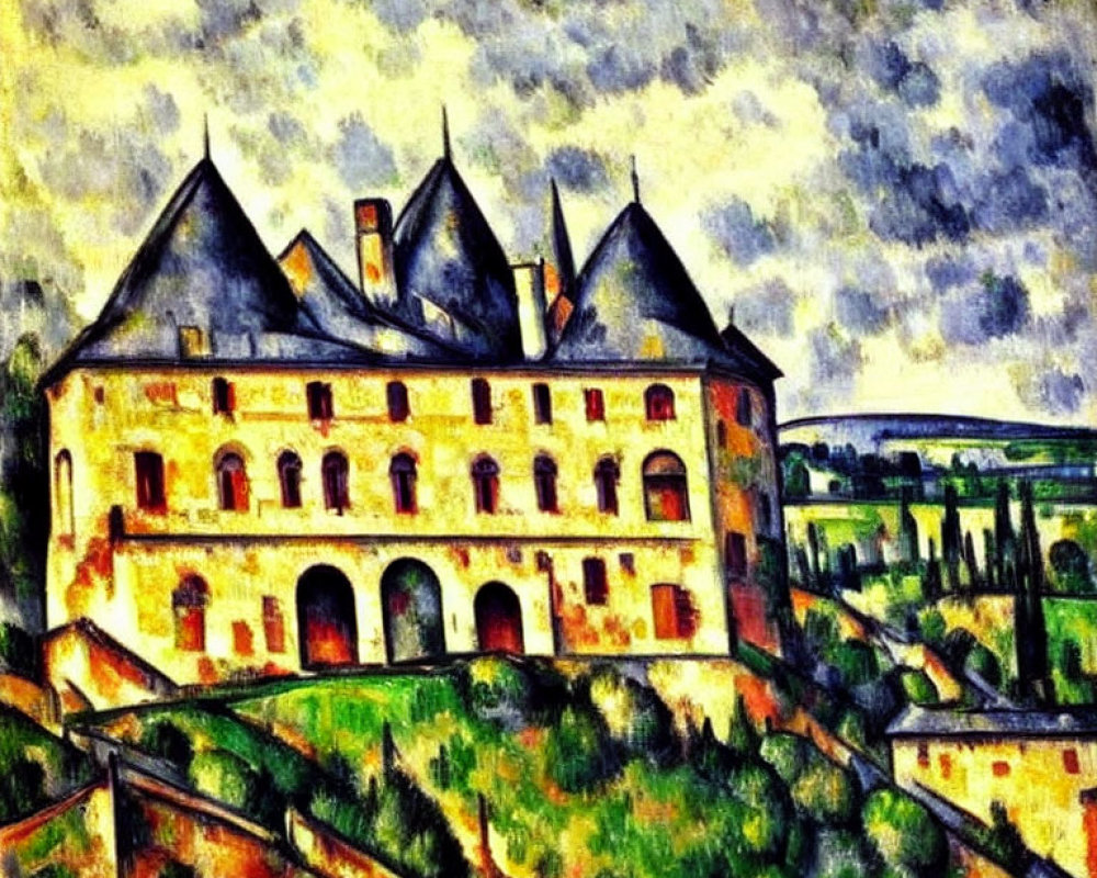 Vibrant Expressionist Castle Painting with Distorted Angles