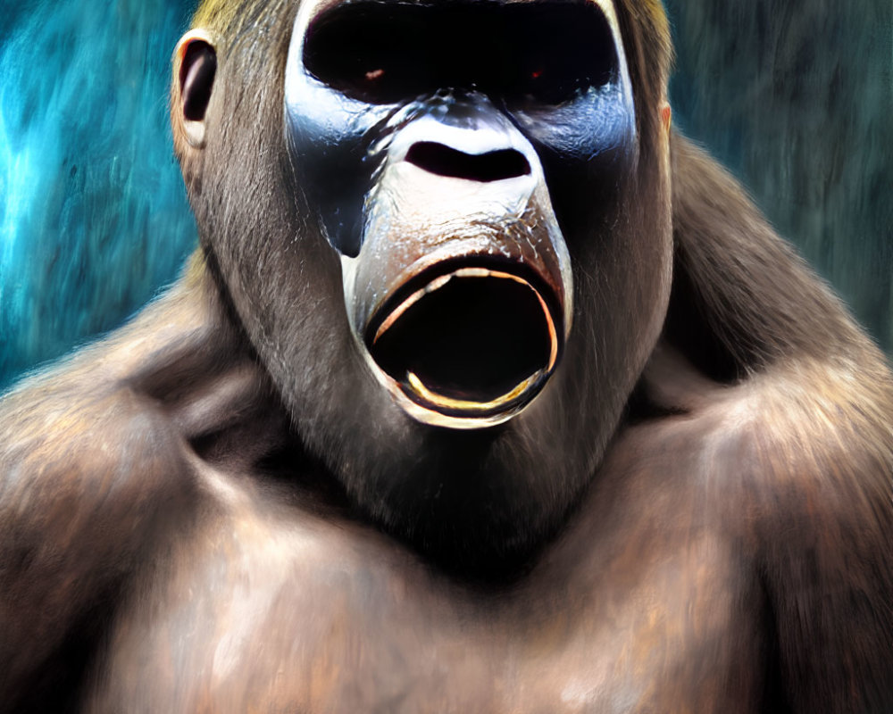 Detailed close-up of animated gorilla with open mouth and textured fur on blue background