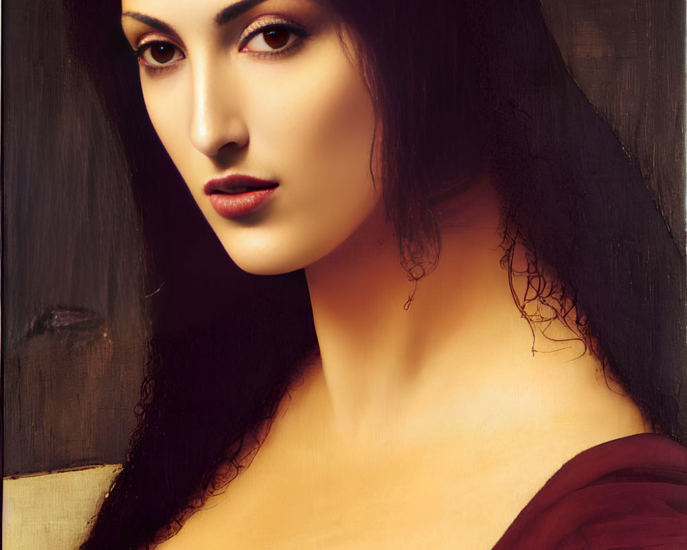 Portrait of Woman with Dark Hair and Red Attire Staring Intensely