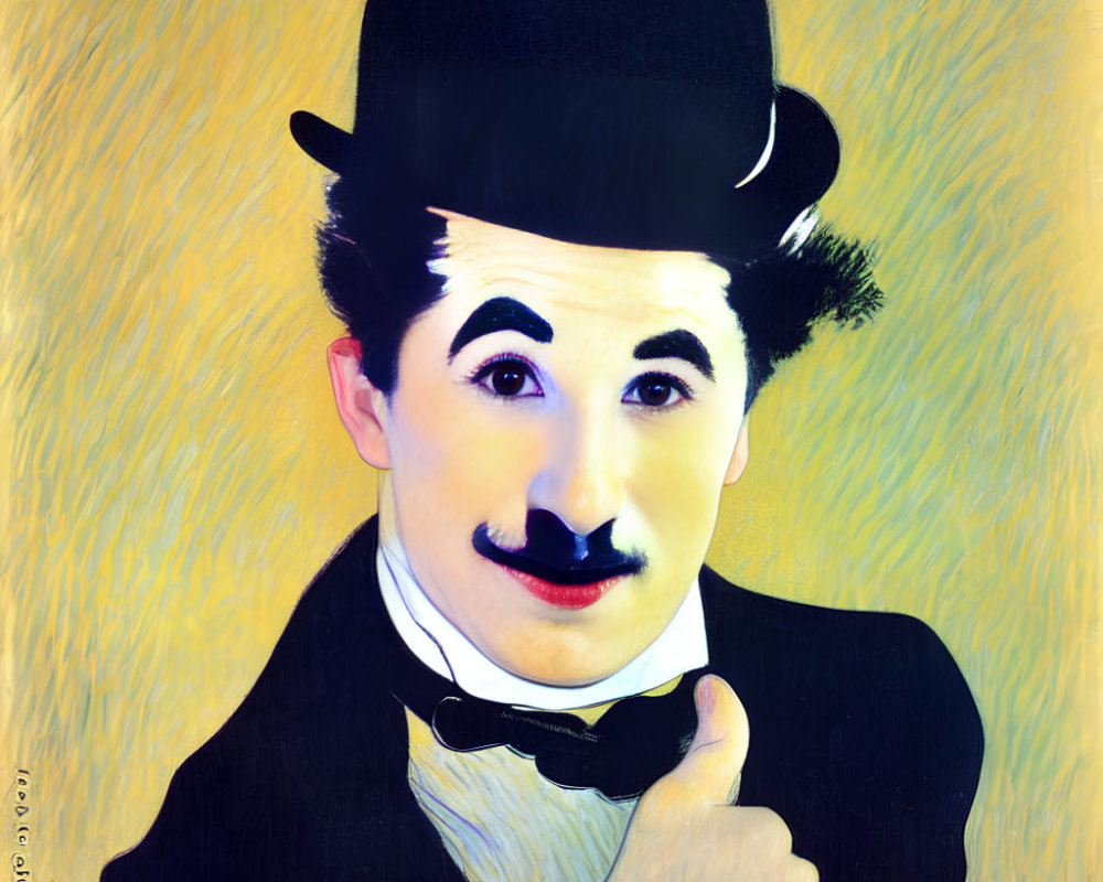 Stylized portrait of man in bowler hat with mustache and bow tie on yellow background