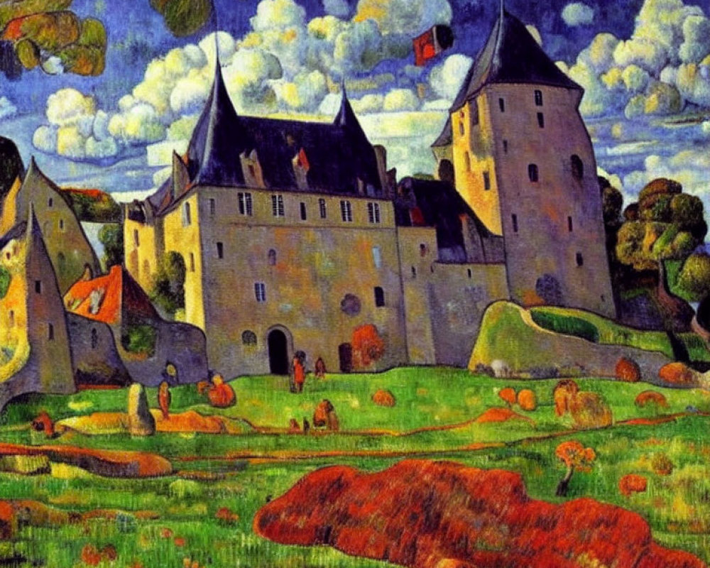 Medieval castle painting with vibrant colors and landscape