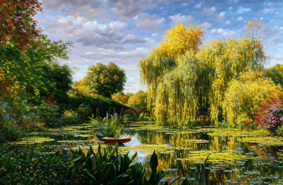 Lush pond with water lilies, colorful trees, and small boat under cloudy sky