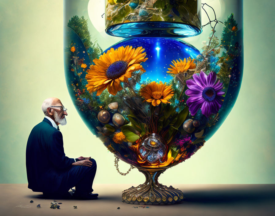 Elderly man with glasses and beard gazes at intricate hourglass filled with flowers and planets