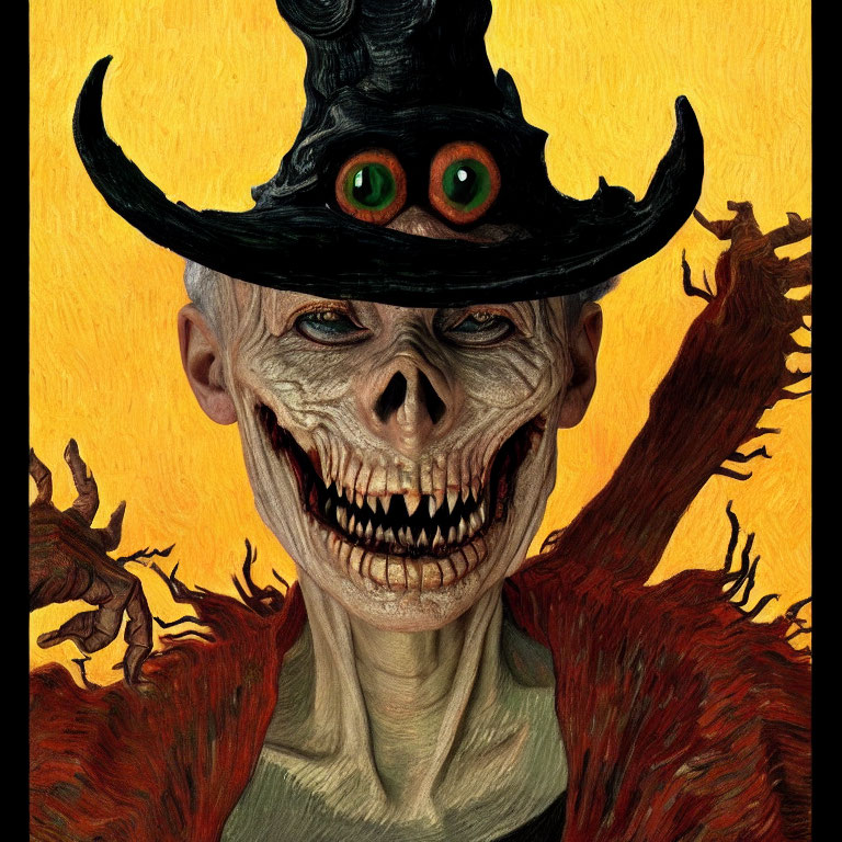 Spooky skeletal figure with wide grin and witch's hat on textured yellow background