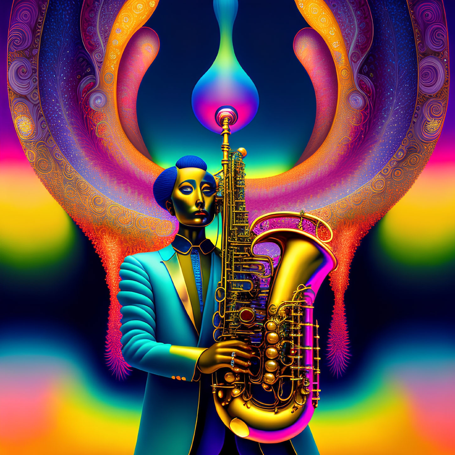 Colorful Digital Artwork: Blue Character with Saxophone in Psychedelic Setting