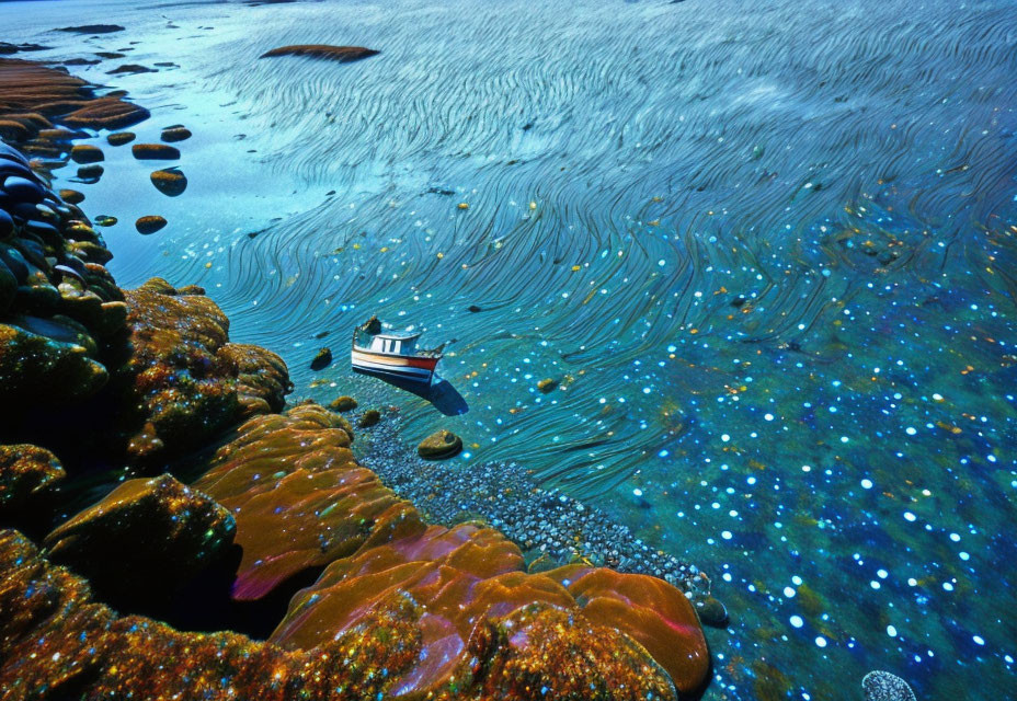 Clear Blue Water Scene with Solitary Boat and Mossy Rocks