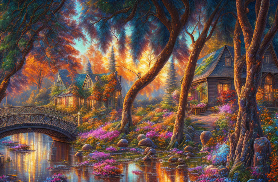 Colorful foliage, quaint cottages, stone bridge, and magical sunset in vibrant landscape