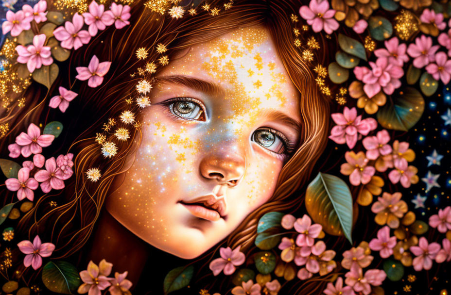 Illustrated portrait of girl with glowing starry skin amid pink blossoms and golden sparkles on dark