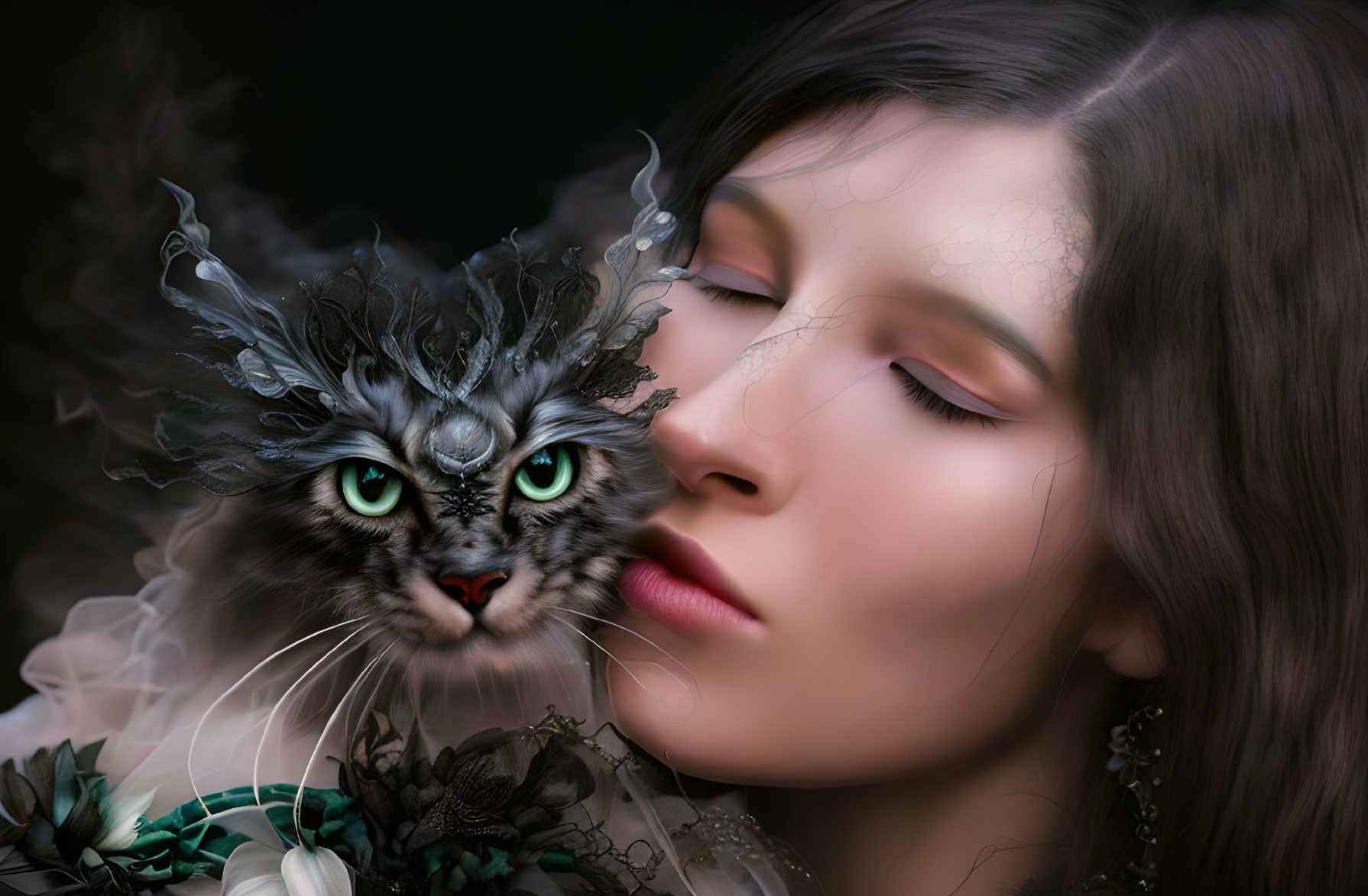 Woman with closed eyes embracing fantastical cat with green eyes and feather-like fur