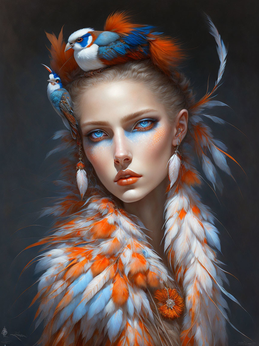 Portrait of woman with blue eyes and birds in feathery attire