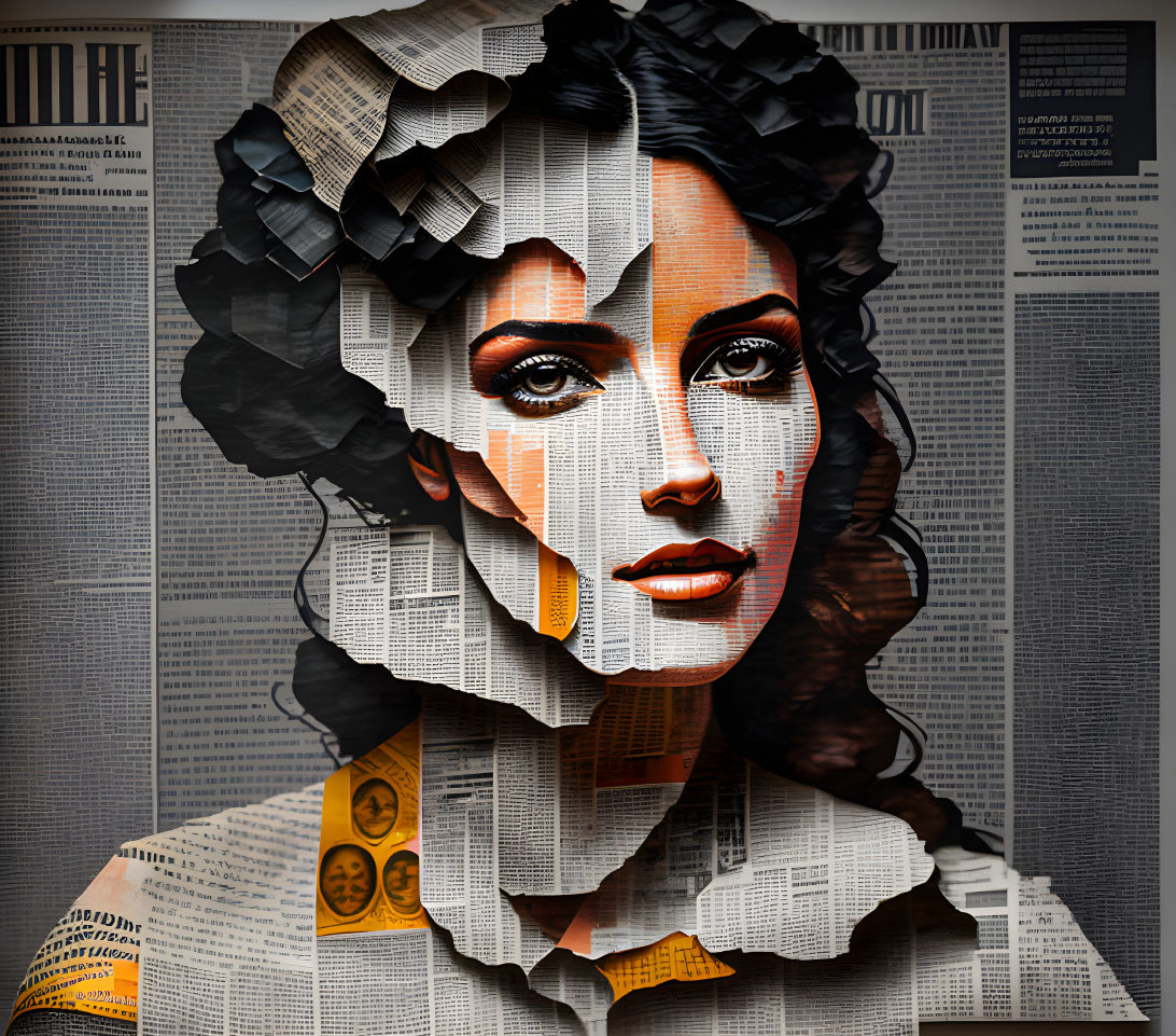 Digital artwork blending woman's face with newspaper clippings, featuring eyes and lips on newsprint background