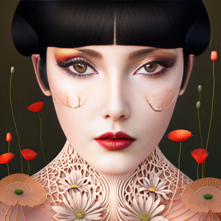 Digital portrait of woman with stylized makeup, bob haircut, red lips, floral neck pattern, against