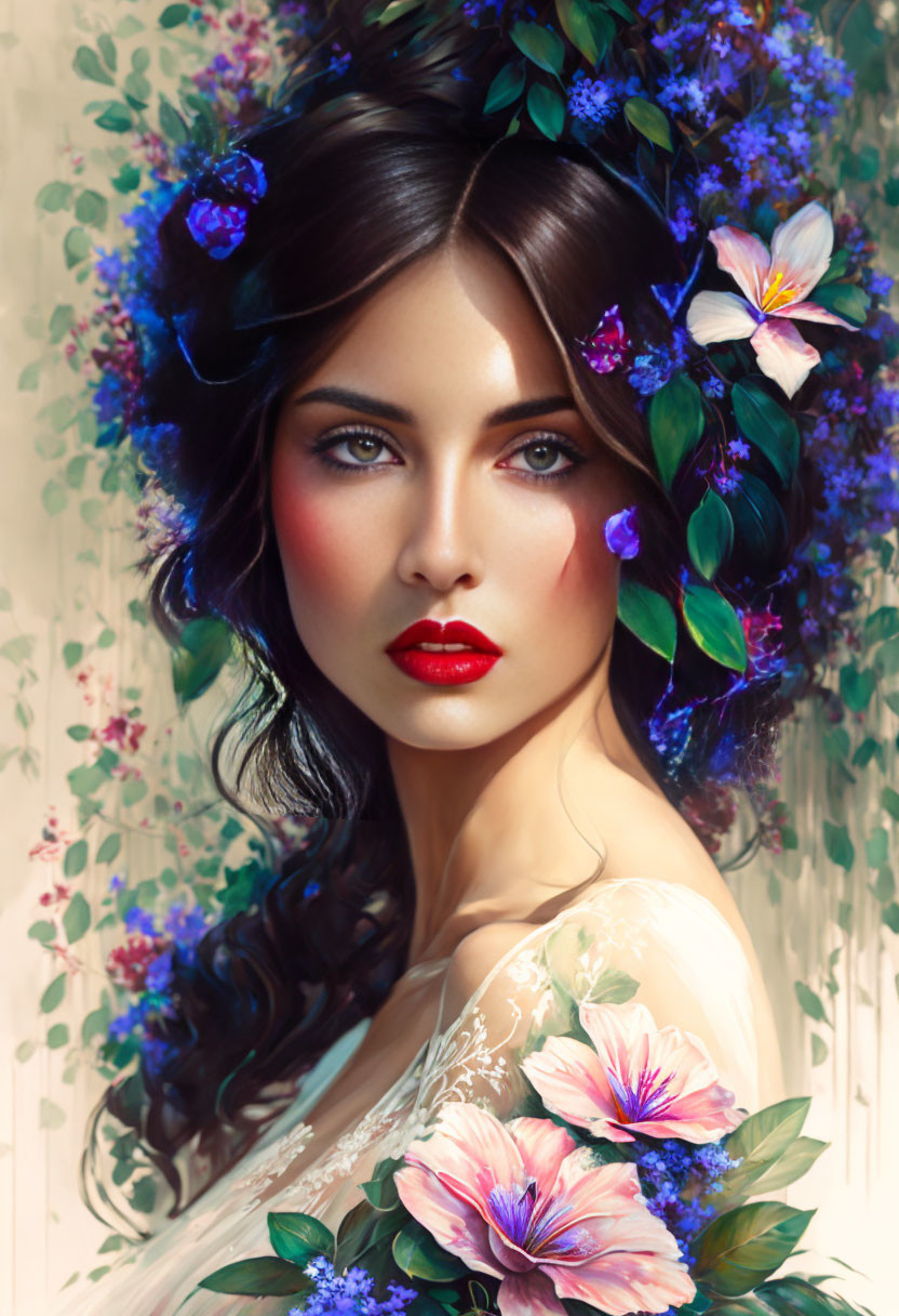 Detailed digital artwork of a woman with floral wreath, vibrant flowers, leaves, and realistic facial features