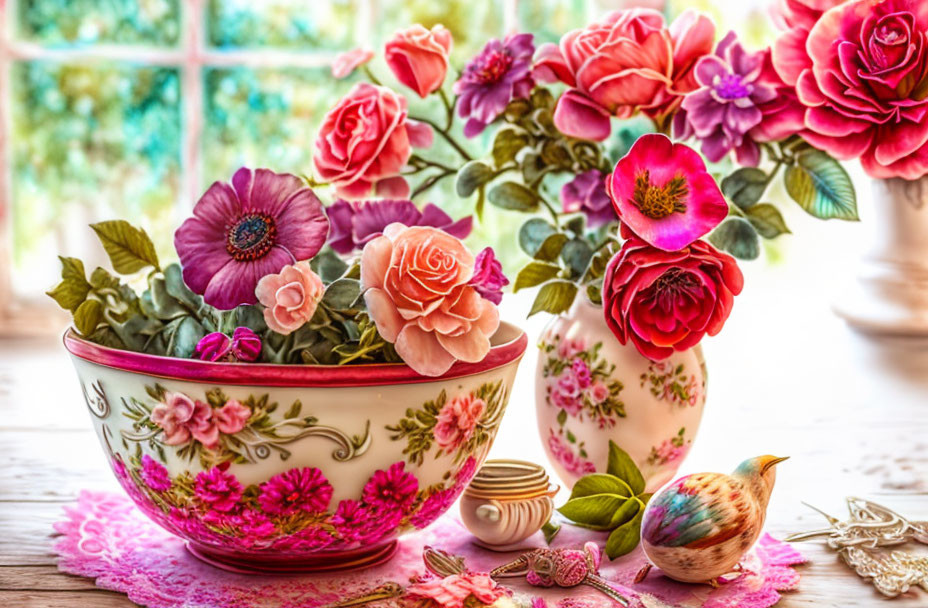 Colorful artificial flowers in bowl and vase on lace tablecloth with window view