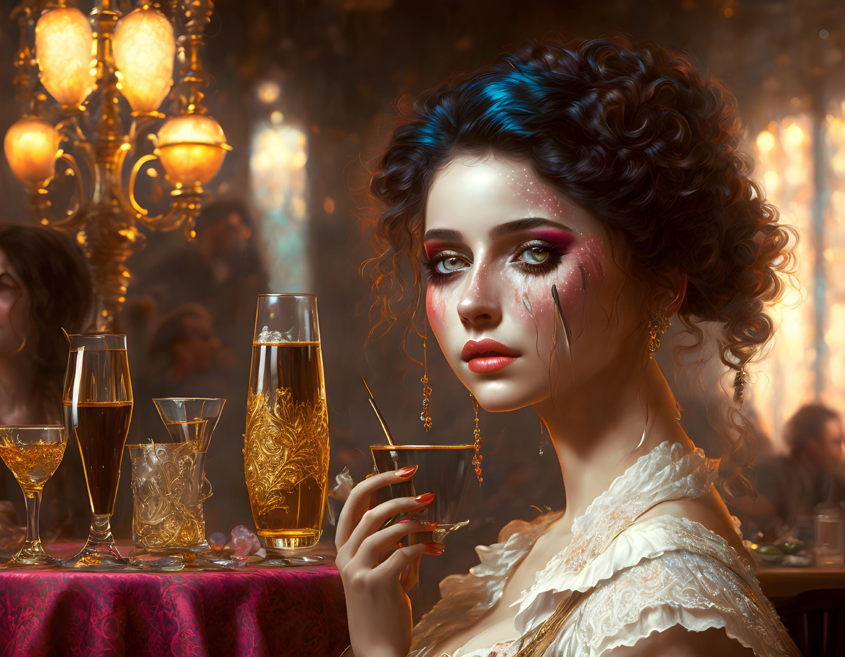 Elaborate blue hair woman with cocktail in vintage ambiance