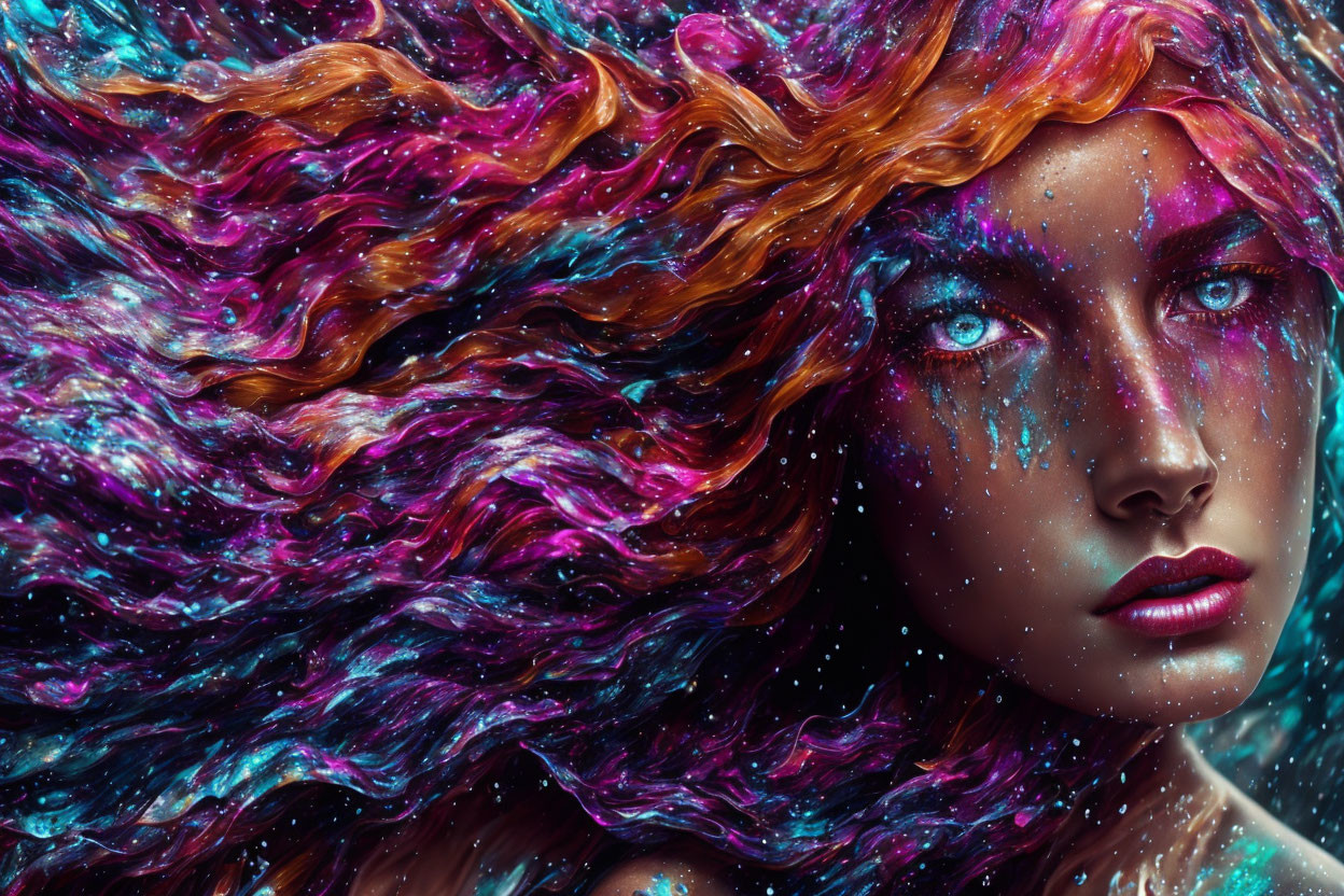 Colorful Galaxy-Themed Makeup and Multicolored Hair Portrait