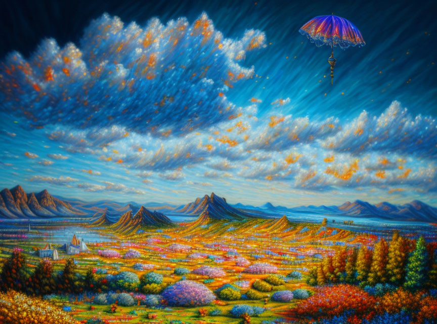 Colorful landscape painting with flower fields, mountains, parachute, and whimsical clouds