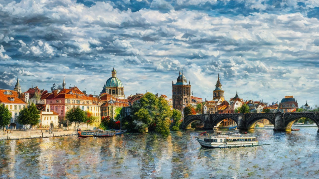 Historical buildings and boat at Charles Bridge in Prague