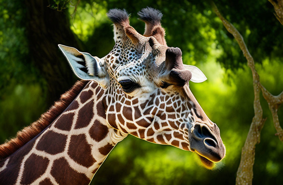 Giraffe head with patterns and horns against green tree background