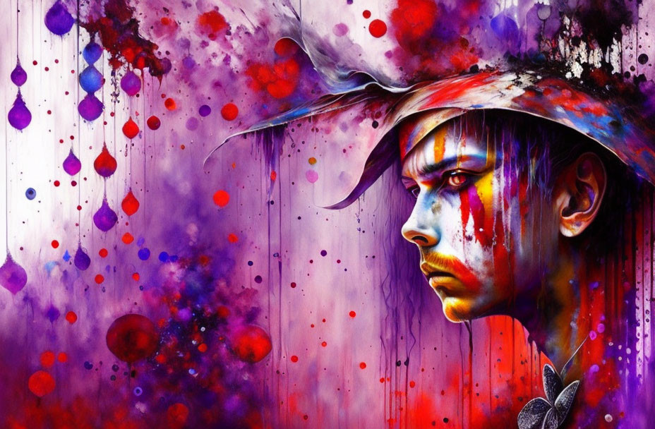 Colorful digital artwork: Person with paint splatters and feathered hat on purple background