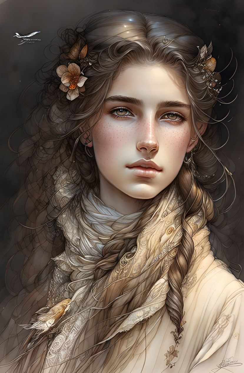 Detailed digital portrait of a woman with curly hair, flowers, scarf, and bird