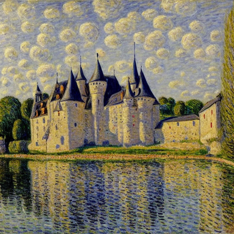 Castle with Multiple Spires Reflected in Water in Impressionist Style