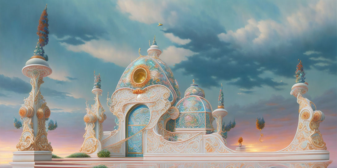 Fantastical palace with ornate spires under pastel sky