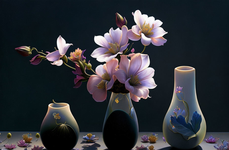 Three elegant vases with blooming flowers and fallen petals on dark background