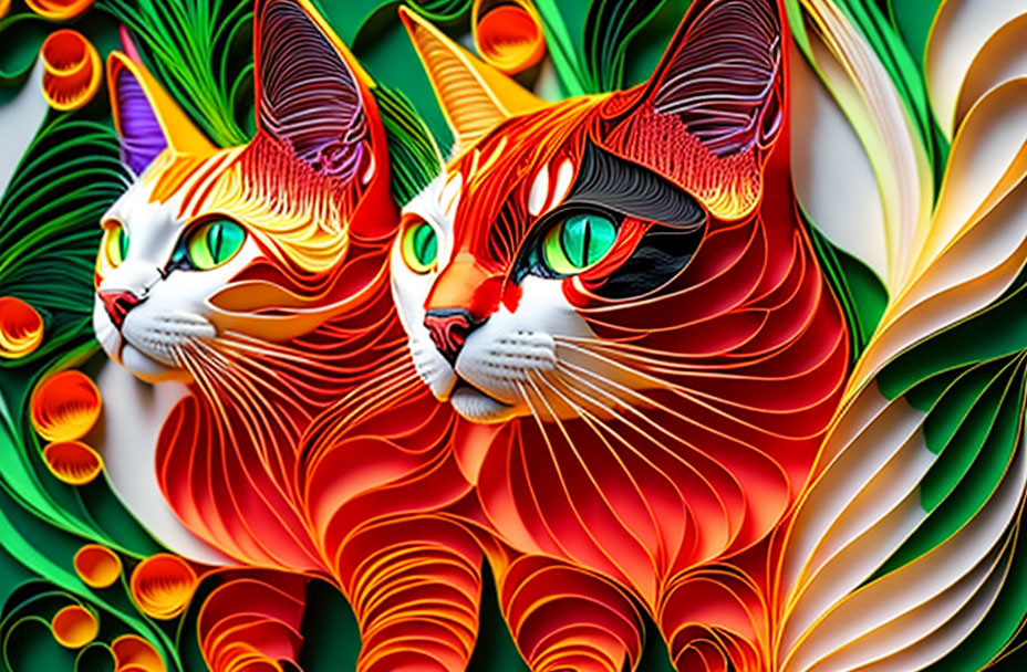 Multicolored Paper Art of Two Stylized Cats with Intricate Patterns