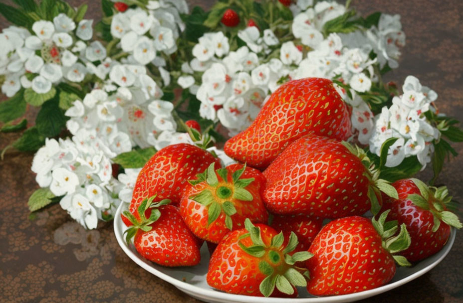 Fresh strawberries and white blossoms on textured surface.