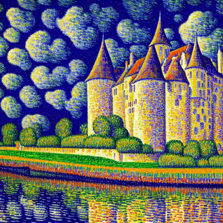 Vibrant pointillist-style artwork of castle by water under textured night sky