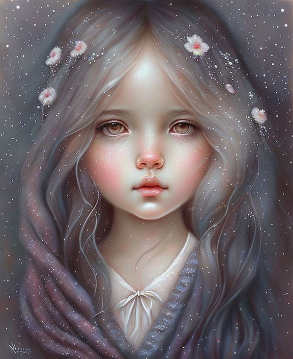 Digital painting: Young girl with long gray hair and pink flowers, pale skin, rosy cheeks,