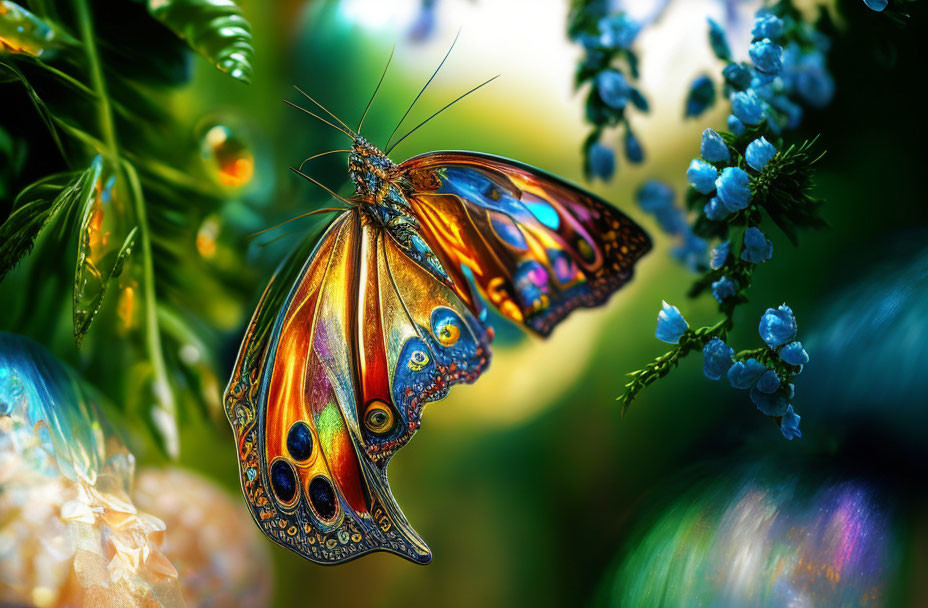 Colorful butterfly on blue flowers with greenery and light orbs in the background