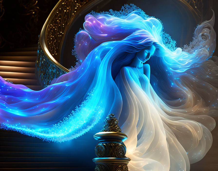 Celestial-themed digital art of a woman with flowing blue hair