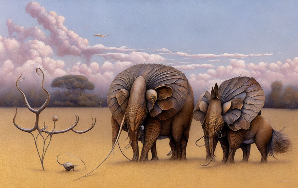 Surreal artwork: Two elephants with wing-like ears connected by a thin plank in a whimsical