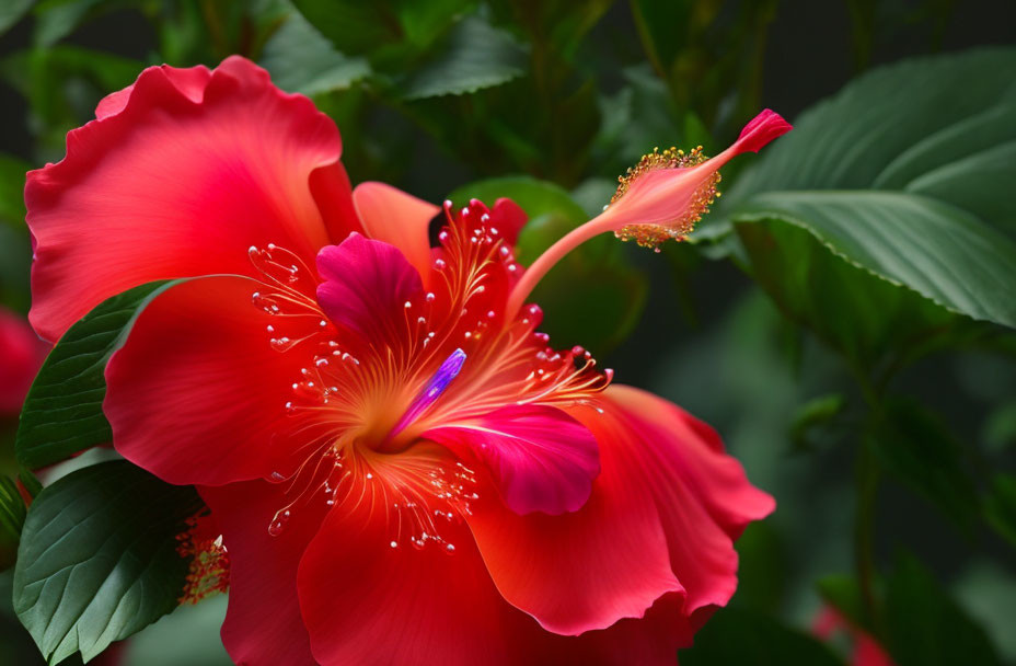 Vibrant red hibiscus flower with yellow stamen on green background