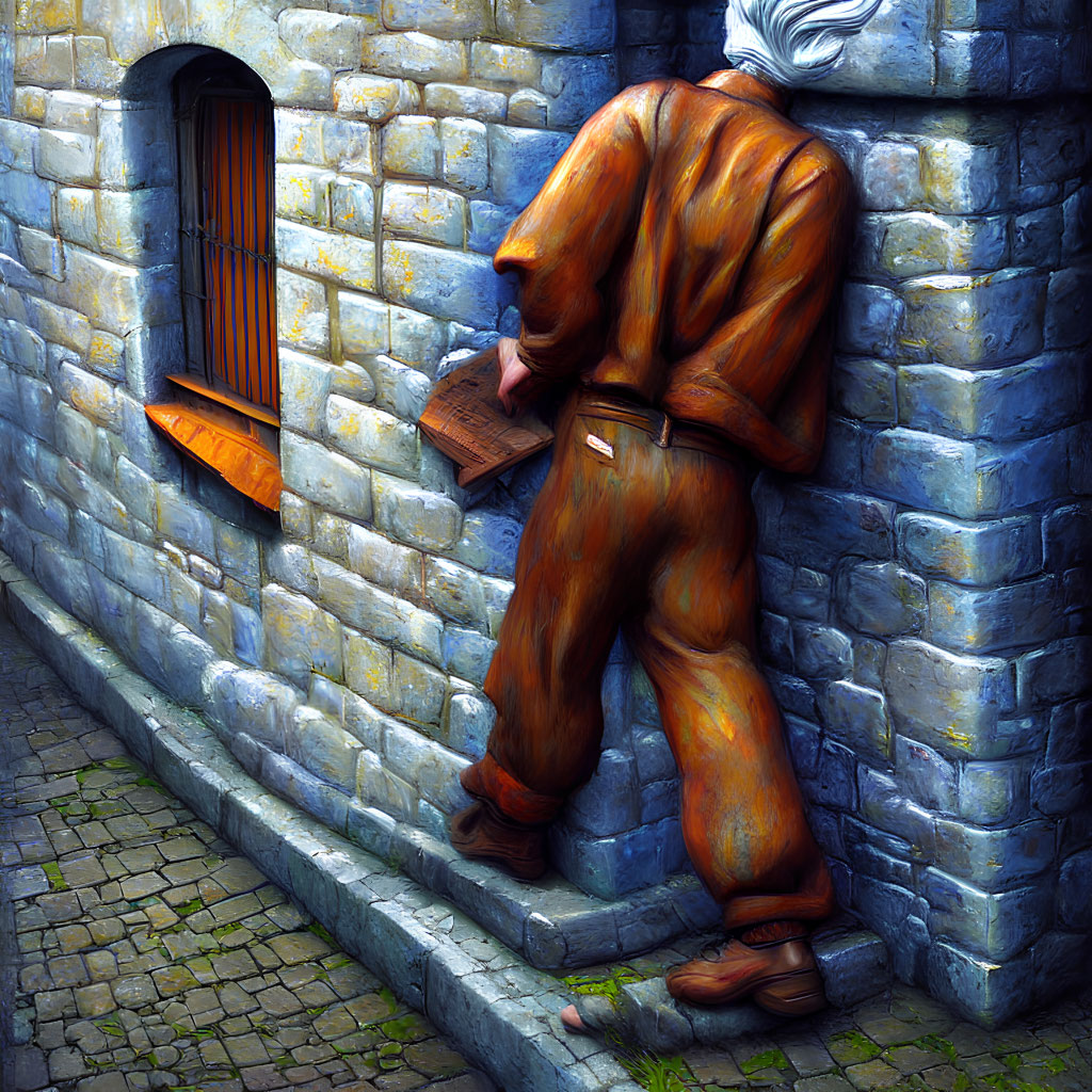 Human figure blending into brick wall on cobblestone street with wooden ledge.