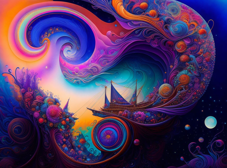 Colorful surreal painting: Ship sailing on swirling ocean