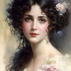 Detailed digital artwork of a woman with floral wreath, vibrant flowers, leaves, and realistic facial features