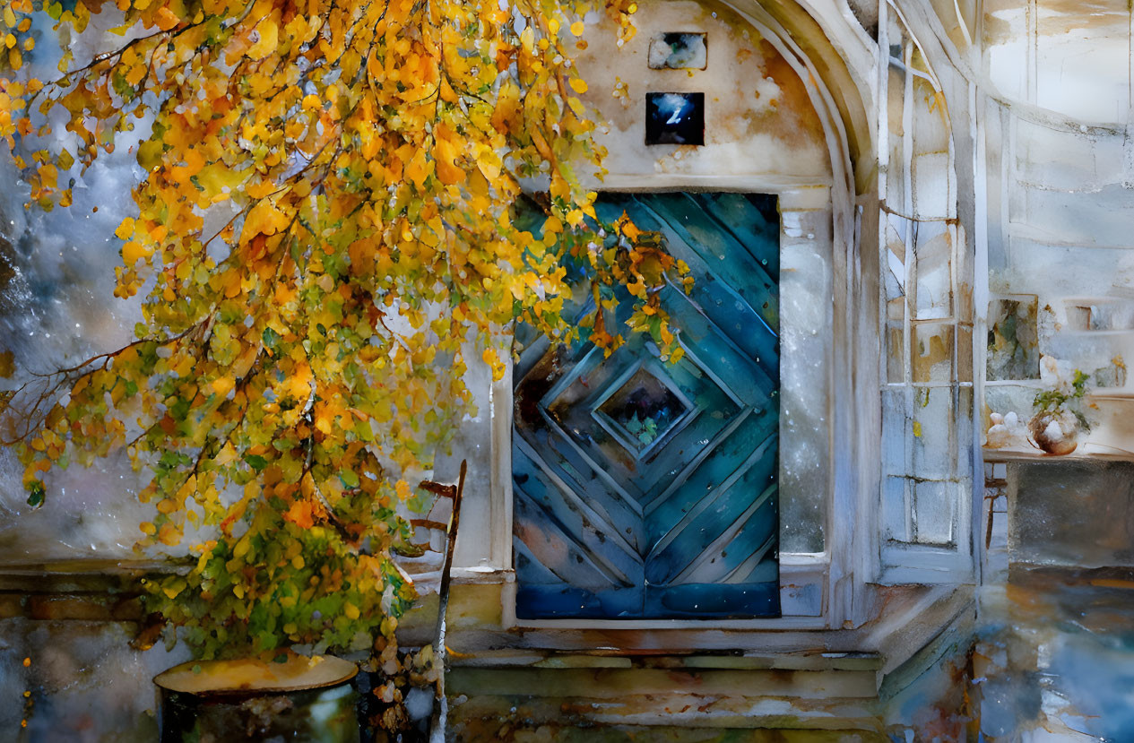 Rustic blue door in autumnal setting with golden leaves and soft-focus effect