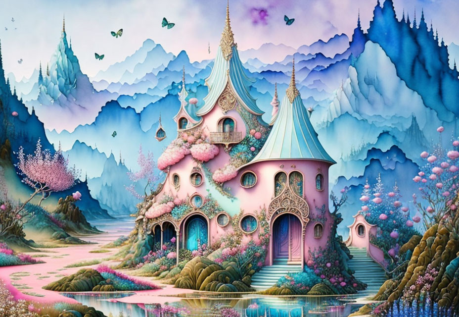 Pink castle in dreamlike landscape with mountains, cherry blossoms, river, and butterflies