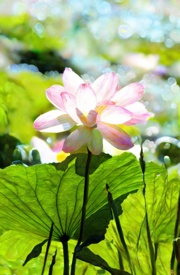 Pink and White Lotus Flower in Sunlight with Green Leaves and Water Droplets