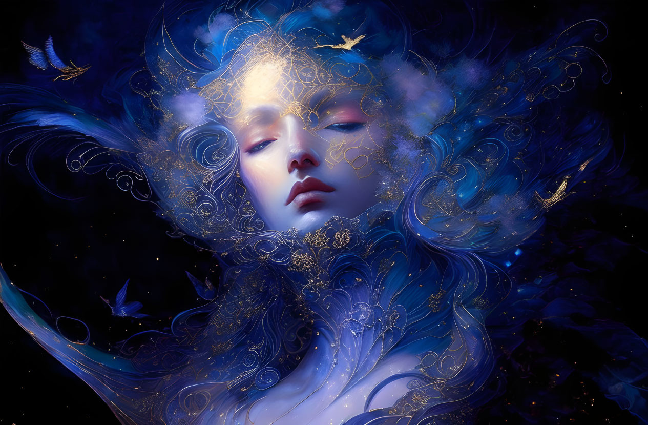 Ethereal digital artwork: Serene female face with blue hair and gold accents, birds, star