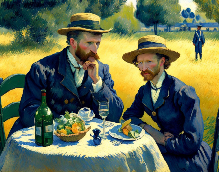 Men in straw hats at outdoor table with wine, fruit, and bread in sunny countryside.