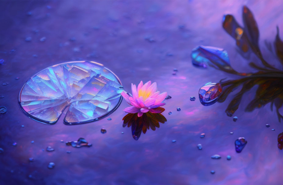 Colorful Still Life: Translucent Crystal, Pink Flower, Droplets on Reflective Surface